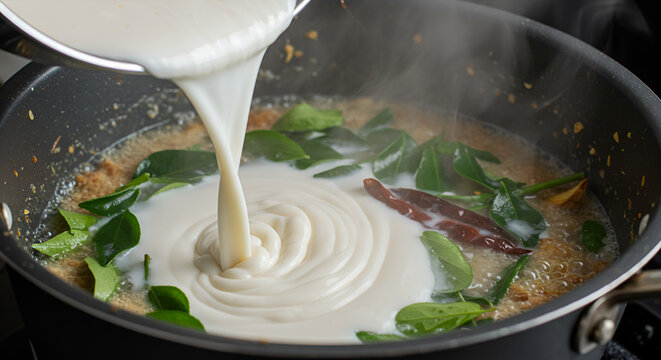Coconut milk pouring in pan with curry leaves and chili - Powered by Adobe