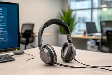 Office headphones for focused work modern workspace product image professional environment close-up technology use