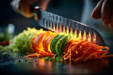 Close-up of food prep scene knife slicing vegetables with sharp shadow play, high contrast light and minimal background