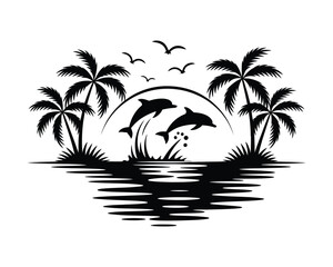 Obraz premium Tropical Island Scene with Dolphins Jumping Palm Trees and Birds in Black Silhouette for Vacation and Travel Themes