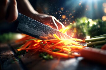 Close-up of food prep scene knife slicing vegetables with sharp shadow play, high contrast light and minimal background