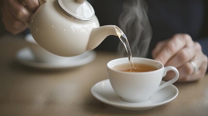 Pouring hot tea from a teapot into a cup cozy indoor setting close-up beverage scene relaxation concept