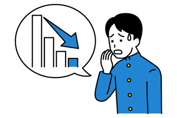 下降するグラフと動揺している男子学生