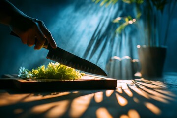 Close-up of food prep scene knife slicing vegetables with sharp shadow play, high contrast light and minimal background