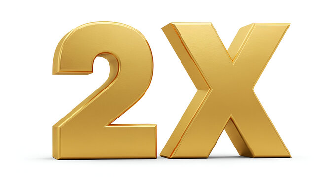 Gold 2X symbol against a plain white background. A bold, three-dimensional 2X symbol, with a textured gold finish, displayed against a plain white backdrop.