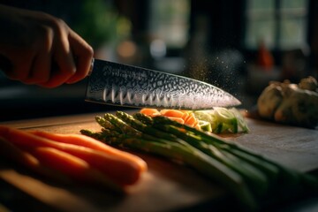 Close-up of food prep scene knife slicing vegetables with sharp shadow play, high contrast light and minimal background