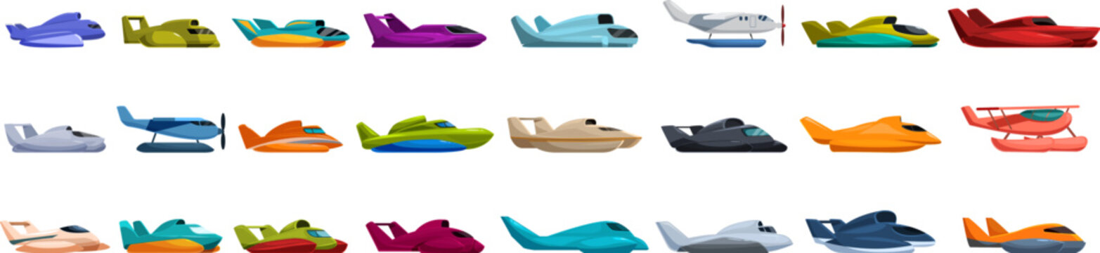Fototapeta Hydroplane icons set. Various stylized seaplanes displayed in a vibrant array of colors
