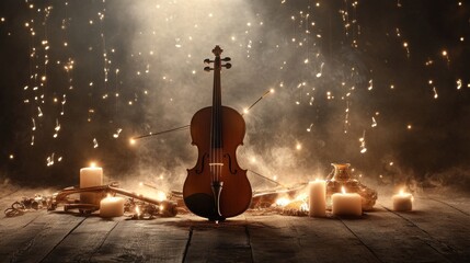 Abstract harmony of music notes with a violin in a dimly lit room creating a band atmosphere
