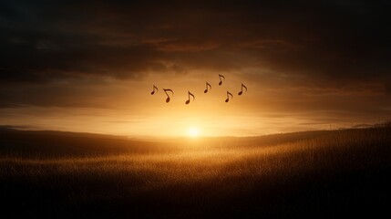 Abstract harmony of music notes in a band at sunset over a serene landscape