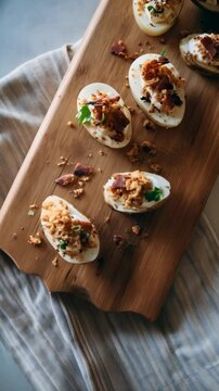 Overhead view of deviled eggs topped with bacon and breadcrumbs served on wooden cutting board with linen napkin.