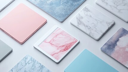 Aerial view of several tablets with different colored and patterned cases on a white background