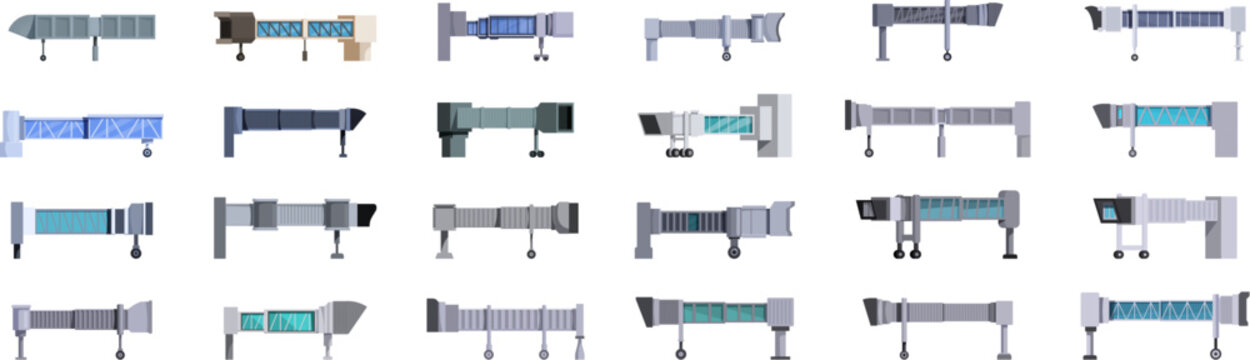 Fototapeta Jet bridge icons set. Airport jetway bridge connecting passengers to airplane in modern airport terminal