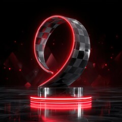 a bold racing trophy made of chrome and carbon fiber, shaped like a tire and checkered flag, red and black color scheme, high-octane energy, speed-themed