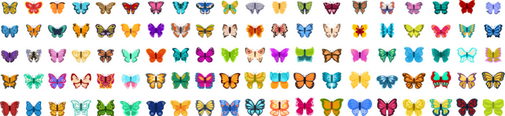 Set of colorful butterfly icons showcasing diverse wing patterns and colors, ideal for nature, wildlife, and entomological designs