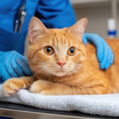 A ginger tom cat calmly resting on a towel-covered vet table, being examined by a veterinarian.