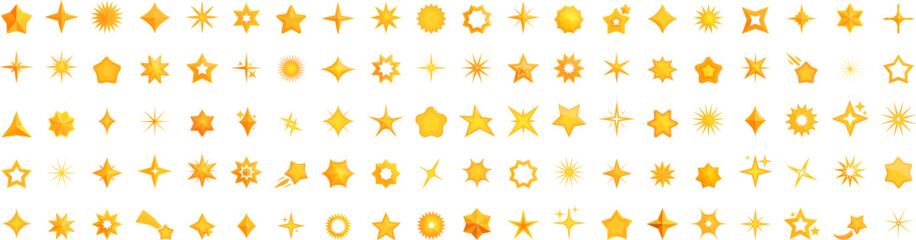 Large set of different golden stars sparkling, perfect for festive decorations and graphic design projects