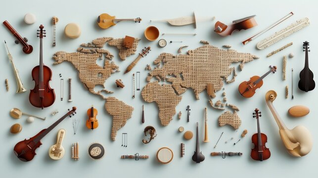 Harmony of music notes abstract instrument map design showcasing global band culture and creativity