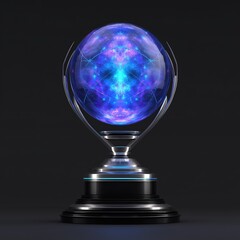 A prestigious global esports trophy with a globe centerpiece made of luminous glass, mounted on a polished black stone base
