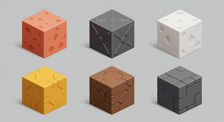 Fototapeta premium Colorful 3D cube textures in various designs. Isometric views of diverse material samples displayed against a neutral backdrop. Generic design elements for digital media.