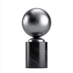 A sleek metallic football or soccer trophy with a ball shape atop a polished obsidian base, isolated on white background