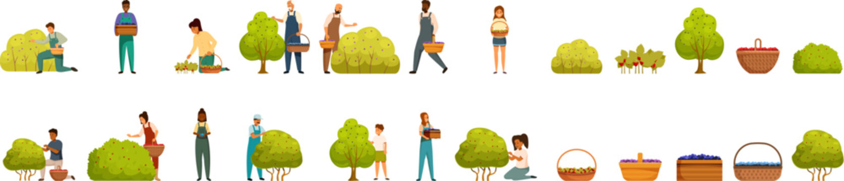 Berry picking icons set. Farmers picking berries from bushes and trees, filling baskets with fresh produce in orchard