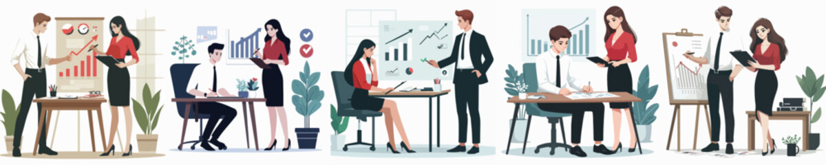 Set vector of team is having a planning and development meeting for company growth.