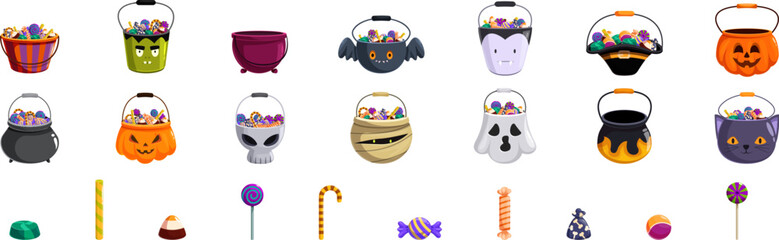 Halloween bucket sweets icons set. Halloween candy buckets, bags, lollipops and sweets representing trick or treat tradition