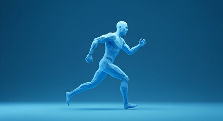 Obraz premium 3D male figure in motion, running pose in studio setting. Geometric model of a person in dynamic running motion against a solid blue background.