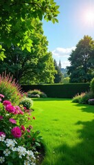 Fototapeta premium Serene backyard scene featuring lush green grass, blooming flowers, and mature trees under a bright summer sky Perfect for relaxation and nature-themed projects , green, bright, scenic