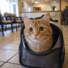 a wide-eyed orange, ginger cat peeking out of a mesh-front pet carrier, waiting to be seen at the veterinarians waiting room. He's scared and unsure