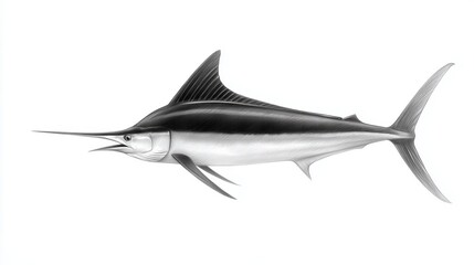 Drawn black and white, monotone pencil image of a Marlin isolated on white background 