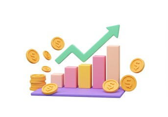 Illustrations of a bar graph with an upward trending arrow and gold coins isolated on white background