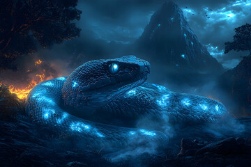 A luminous serpent coils amidst a night landscape.