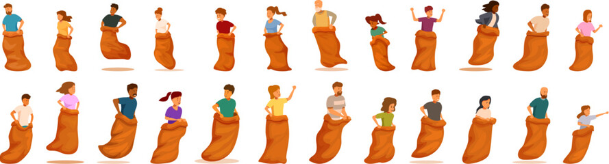 Sack race icons set. Diverse group of people competing in a sack race, jumping and hopping towards the finish line