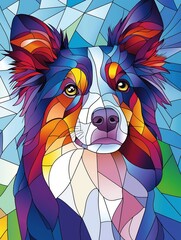 Stained Glass cubist geometric style, A Border Collie dog portrait with colored fur.