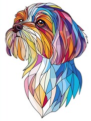 Stained Glass style, cubist, A Shih Tzu dog with colored fur, white background isolated