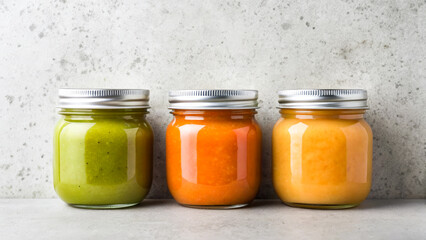 Multicolored baby food puree in Glass jars. Baby porridgeon the kitchen table