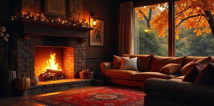 Warm, inviting hearth glowing brightly, casting a welcoming light on a cozy interior Perfect for themes of comfort, home, relaxation, and autumn , fireplace mantel, wood, flames