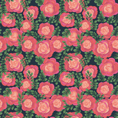 Hand painted floral seamless pattern featuring orange roses with green leaves on a black background. Artistic watercolor style, perfect for textiles, packaging, wedding invitations, elegant designs