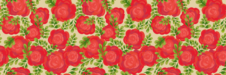Seamless vector pattern featuring hand painted red roses with green foliage on a light background. Summer floral design, perfect for textiles, wallpapers, packaging, and decor