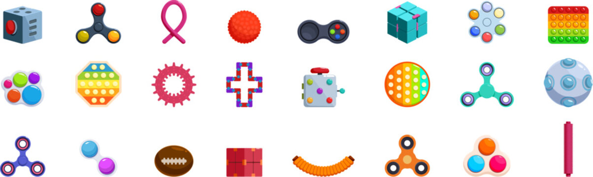 Fidget icons set. Various colorful and engaging fidget toys designed to provide stress relief and improve concentration