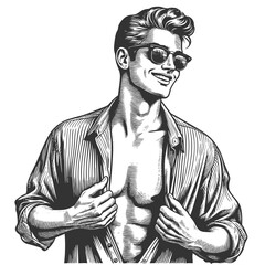 Obraz premium man wearing sunglasses and confidently unbuttoning his shirt with a broad smile sketch engraving generative ai fictional character vector illustration. Scratch board imitation. Black and white image.