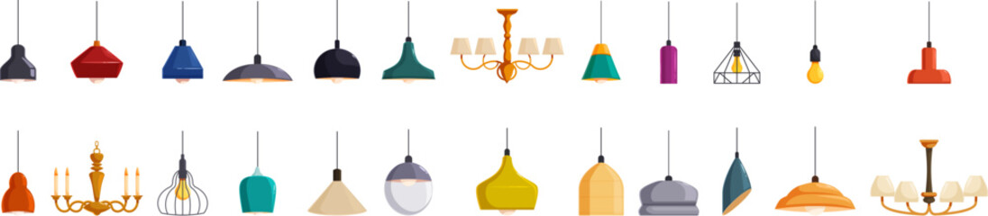 Ceiling chandelier icons set. Various styles of ceiling lights hanging in a row © nsit0108