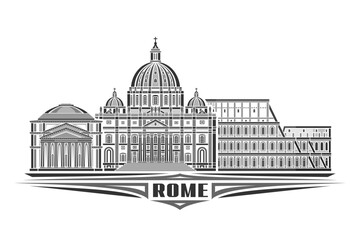 Vector illustration of Rome, monochrome horizontal card with linear design famous rome city scape, historical urban line art concept with decorative lettering for dark text rome on white background