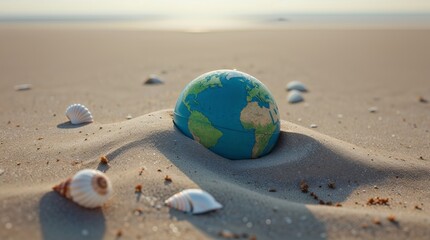 Small globe resting on sandy beach surrounded by seashells at sunrise reflecting a serene coastal setting