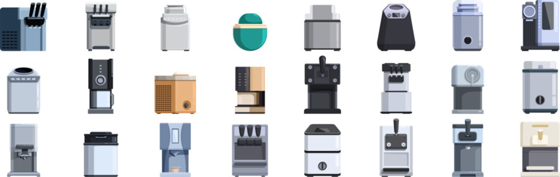Ice cream maker icons set. Various kitchen appliances displayed in a grid layout