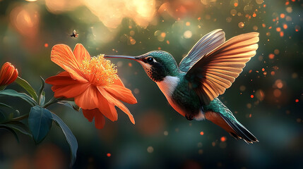 Obraz premium A hummingbird visits a vibrant orange flower in a beautiful garden setting.