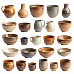 A collection of various ceramic pots and cups showcasing different shapes, sizes, and textures. cut out. transparent background