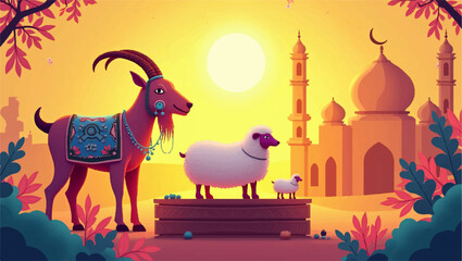 A vibrant 3D Eid al-Adha scene with a beautifully adorned sacrificial goat, a cute sheep in a bowl, crescent moon, and colorful domed mosque, set against a glowing sunset sky with festive symbols.