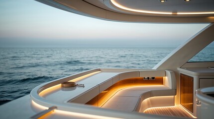 Fototapeta premium Luxury yacht interior with ambient lighting overlooking the ocean at dusk